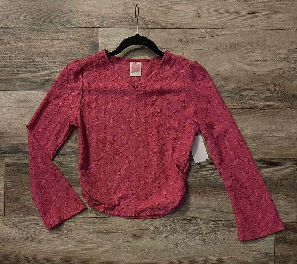 Belle Du Jour Girls Floral Long Sleeve Top Pink Cinched Sides Size Large